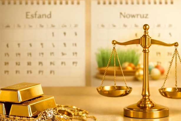 بهترین زمان خرید طلا قبل عید یا بعد از عید با تصویر تقویم اسفند و نوروز و ترازوی طلا